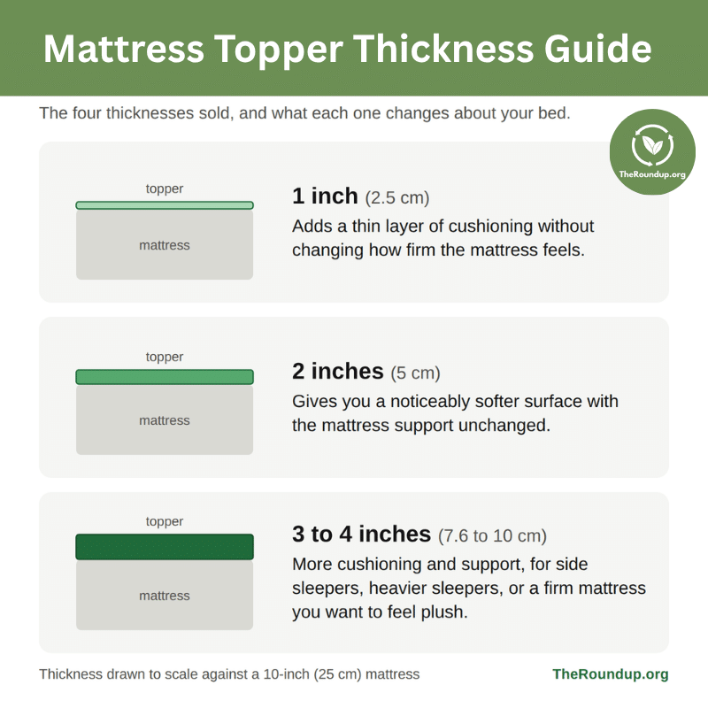 infographic showing chich mattress topper thickness to choose for different body weights and sleep positions