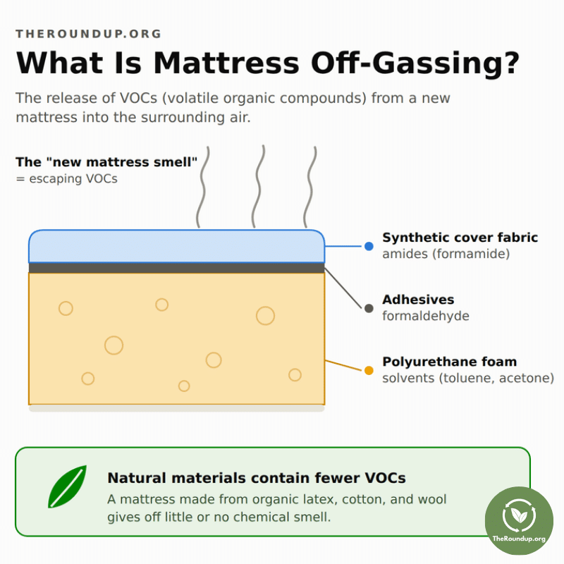 Infographic showing a mattress cross-section with the three VOC sources of mattress off-gassing: synthetic cover fabric, adhesives, and polyurethane foam.