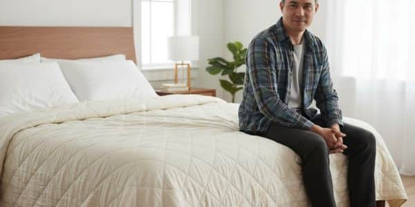 James Miller testing the Diamond-Stitched Organic Cotton Comforter