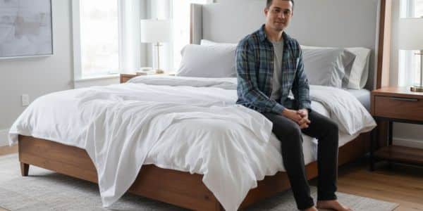 James Miller testing the Nest Bedding silk cloud comforter
