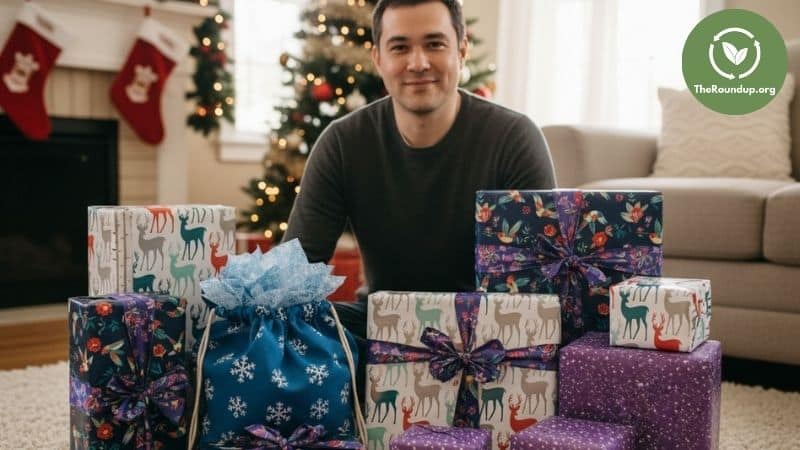 James Miller testing eco-friendly gift wrap at Christmas